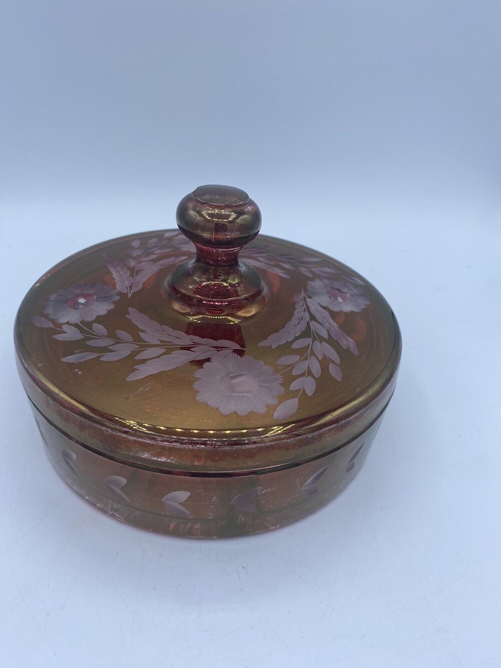 Cranberry Ruby Red Flash Glass 3 Part Divided Candy Dish With Lid and Etched